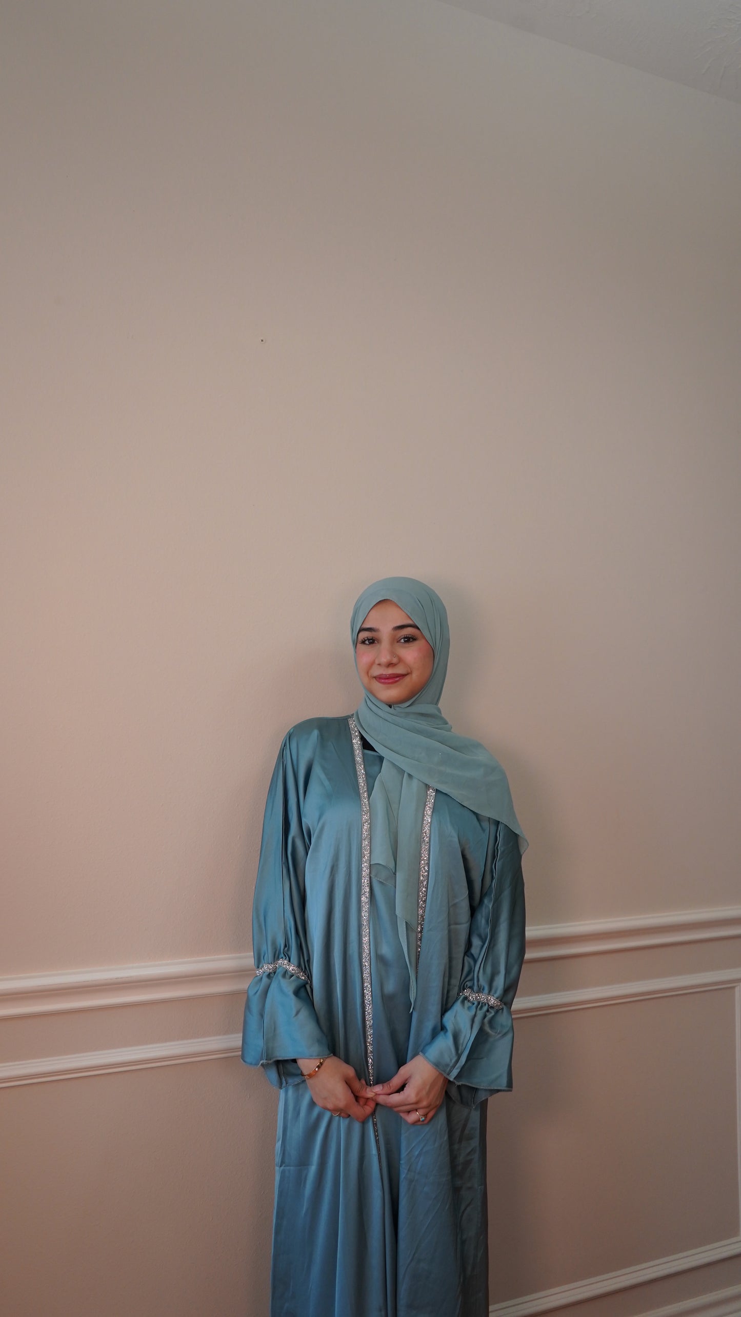 Blue Luxury 4 Piece Abaya Set, Silk, Satin, Embellished, Abaya, Eid Abaya, Ramadan Gift, Wedding Abaya, Islamic Clothing