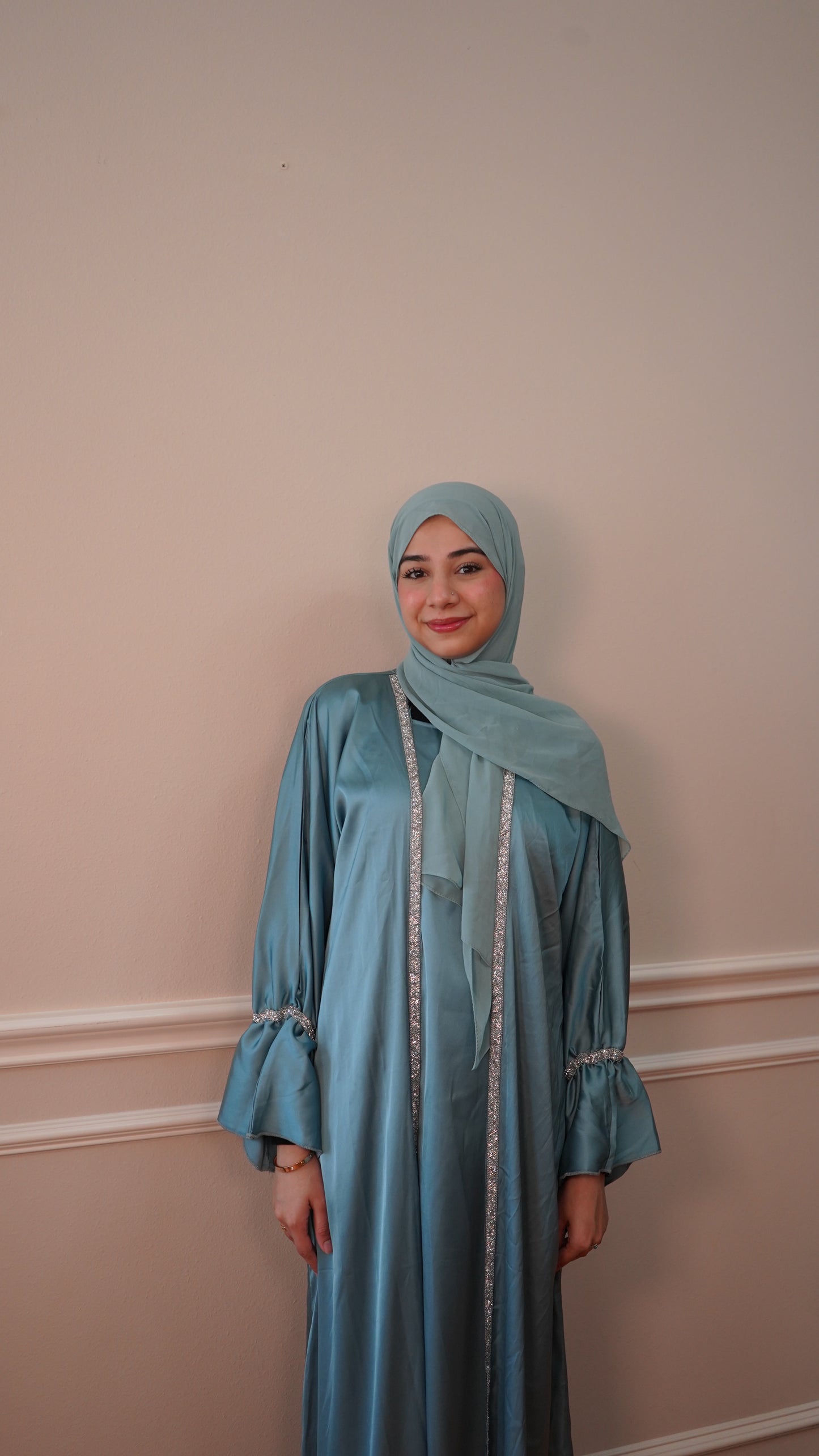 Blue Luxury 4 Piece Abaya Set, Silk, Satin, Embellished, Abaya, Eid Abaya, Ramadan Gift, Wedding Abaya, Islamic Clothing