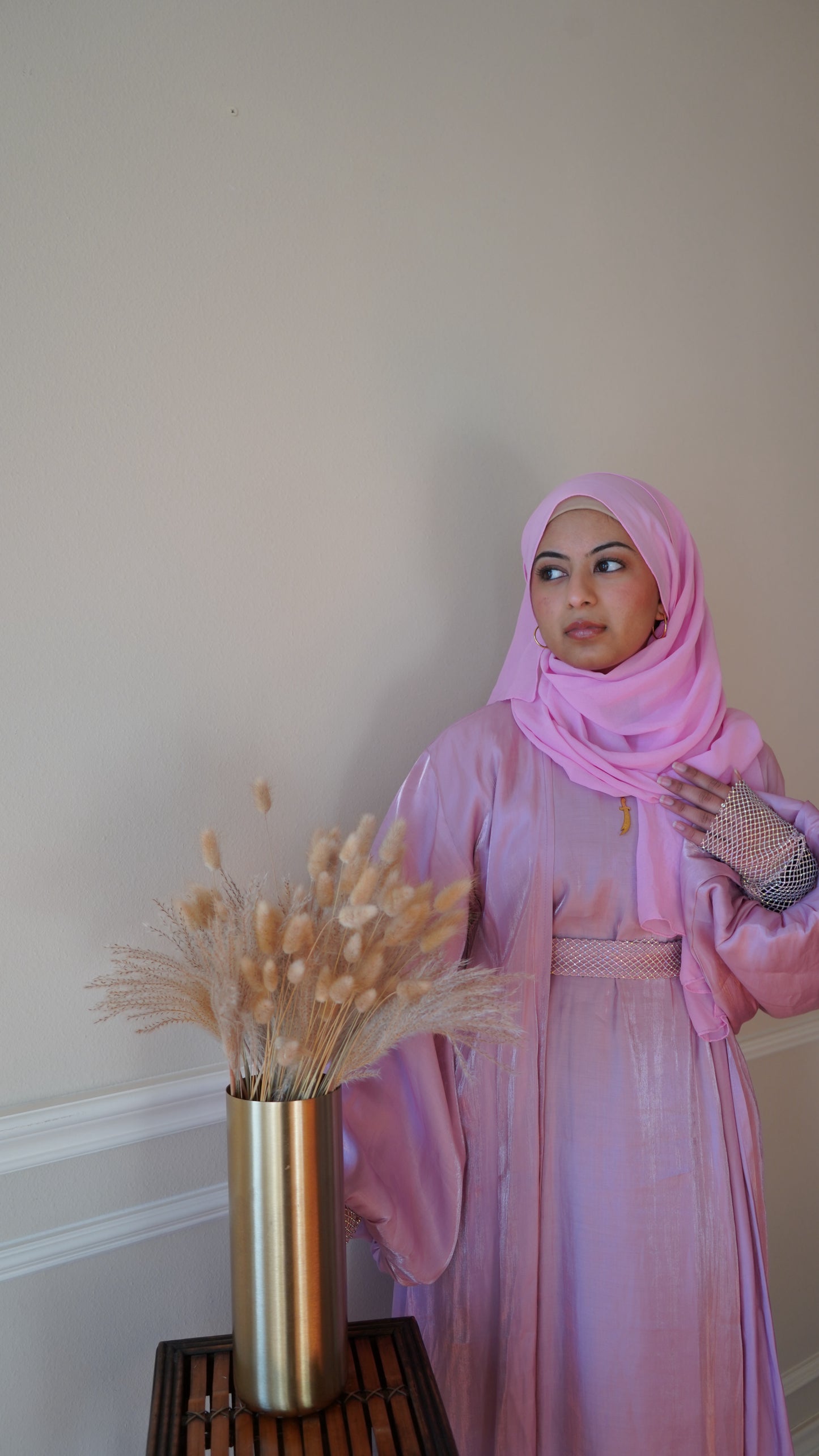 Pink Stone Work Fancy Abaya With Stoned Belt And Hijab