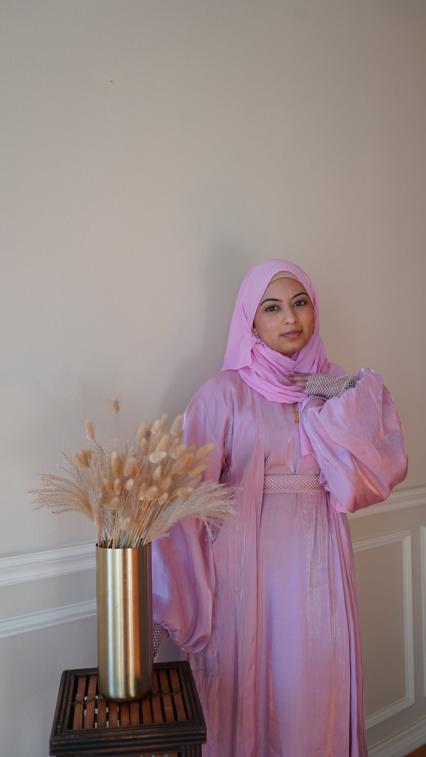 Pink Stone Work Fancy Abaya With Stoned Belt And Hijab