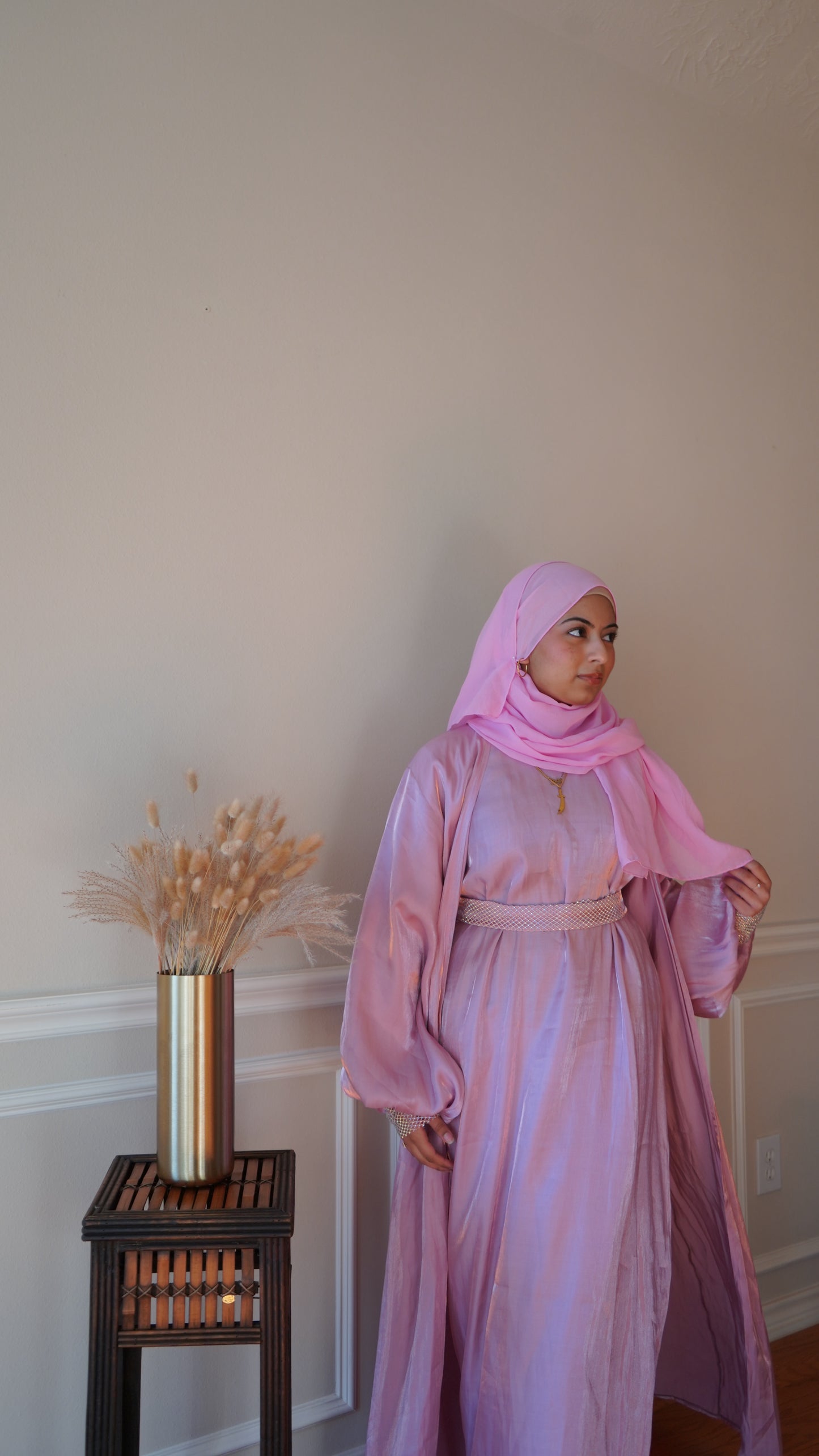 Pink Stone Work Fancy Abaya With Stoned Belt And Hijab