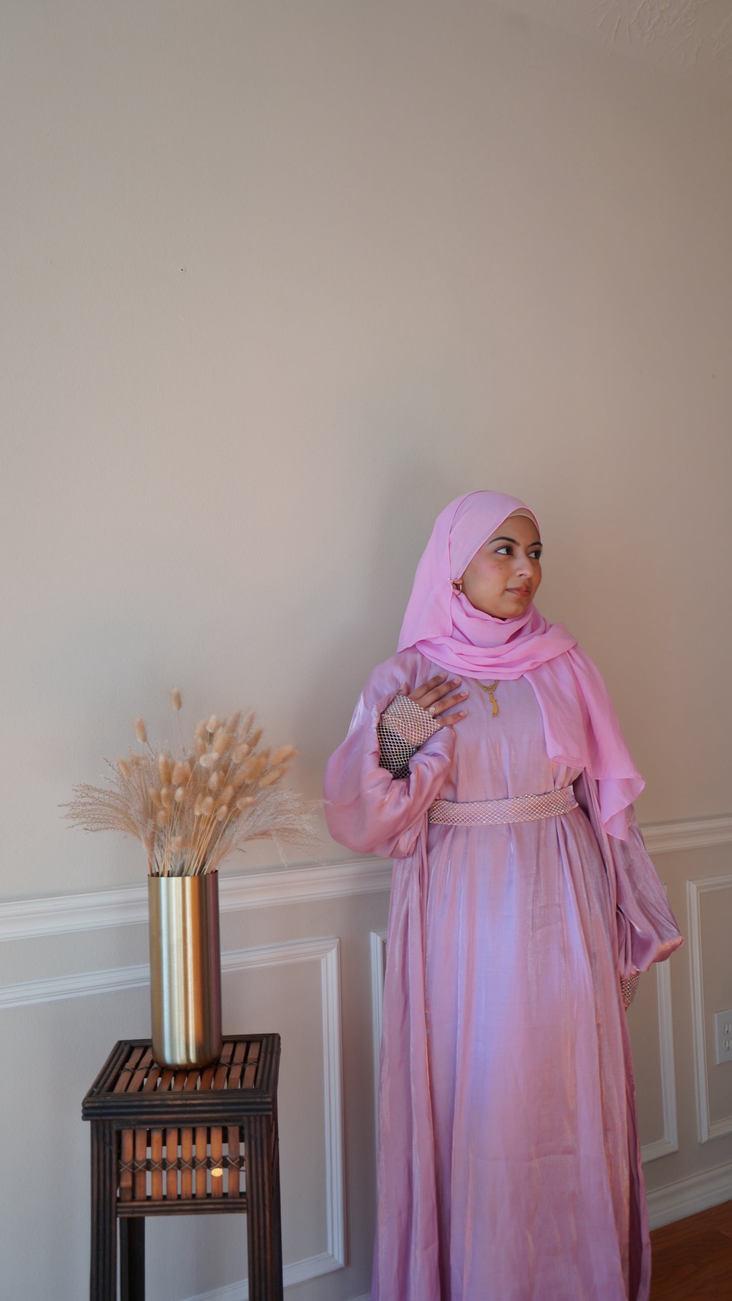 Pink Stone Work Fancy Abaya With Stoned Belt And Hijab