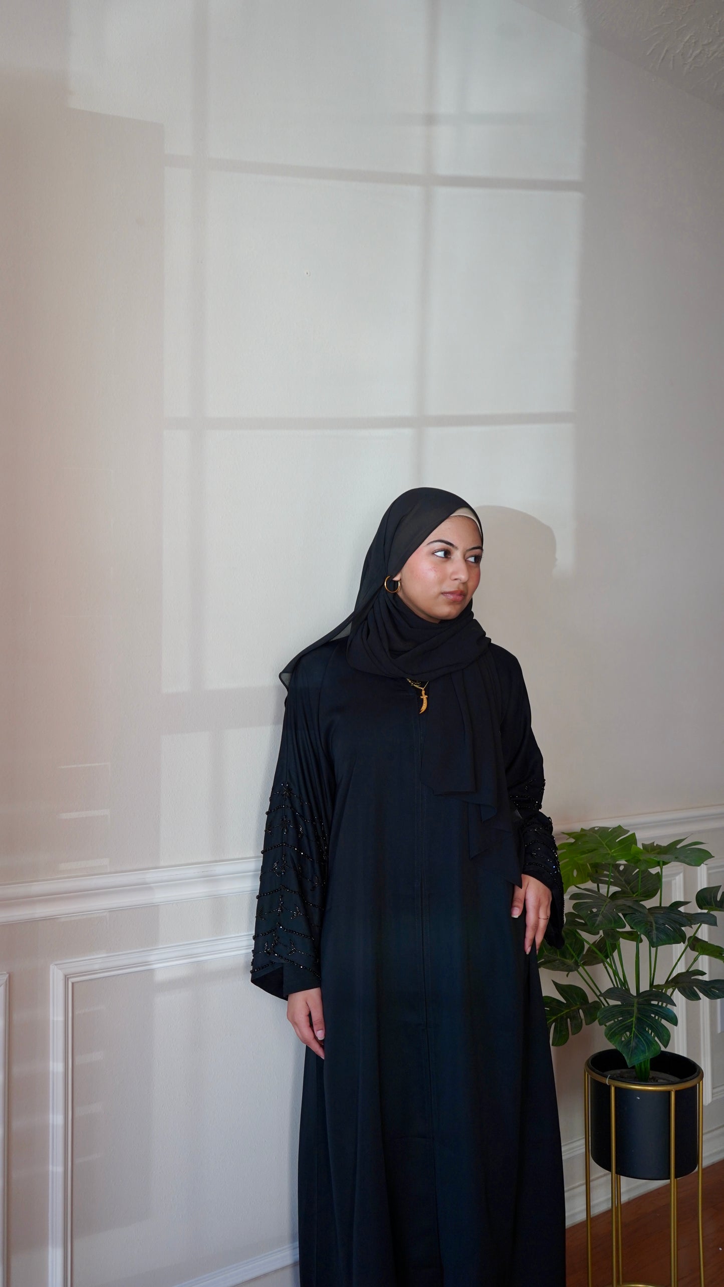 Beautiful Black Sleeve Work Abaya With Belt And Hijab
