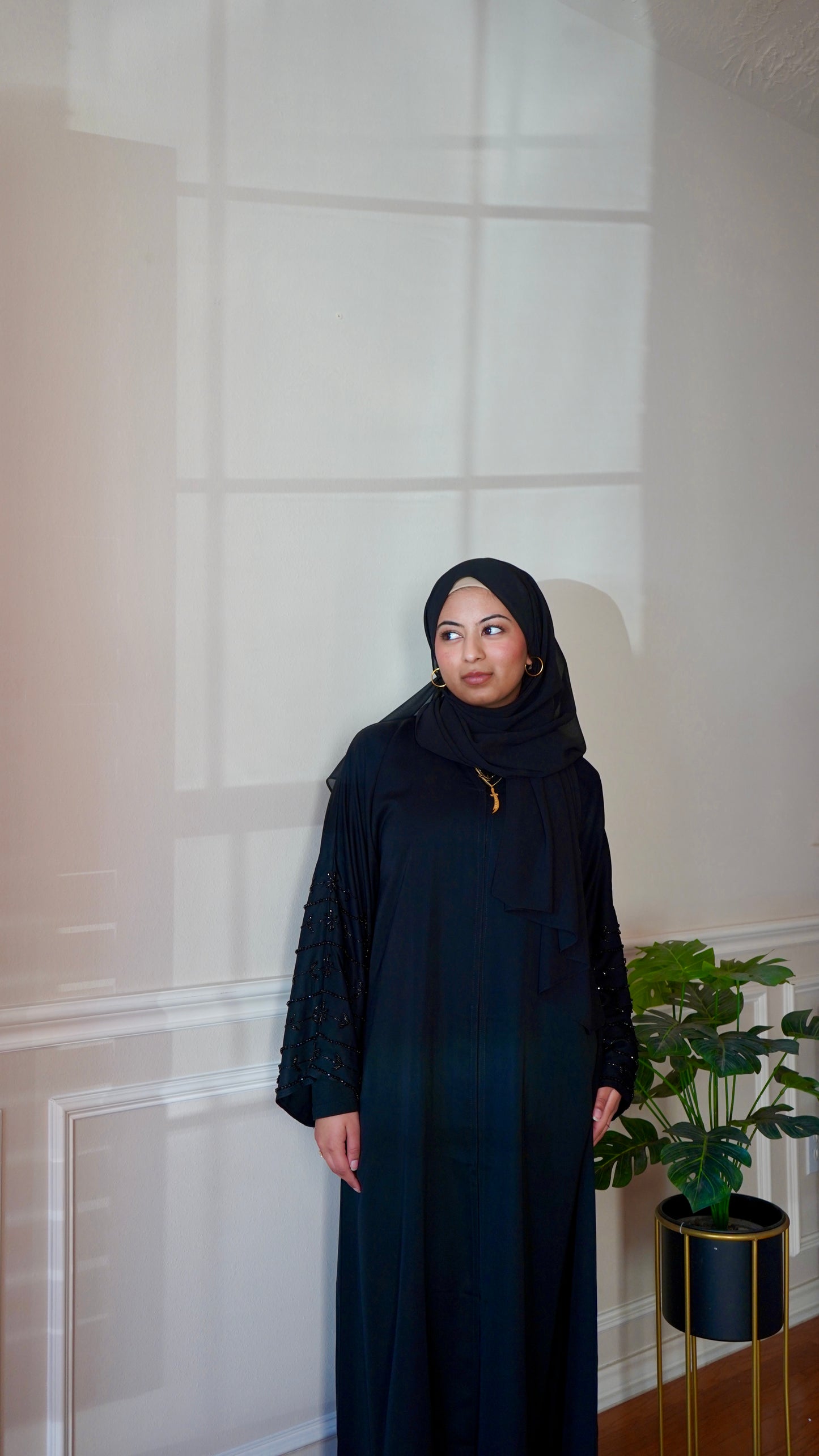 Beautiful Black Sleeve Work Abaya With Belt And Hijab
