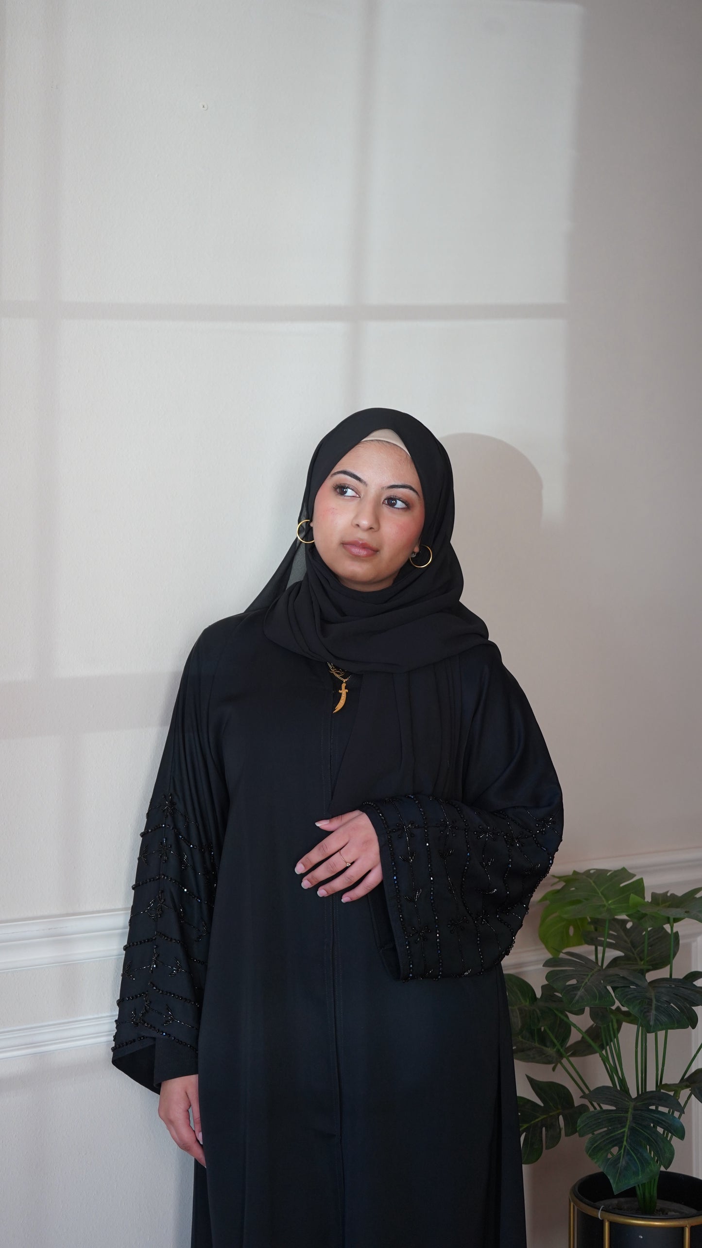 Beautiful Black Sleeve Work Abaya With Belt And Hijab