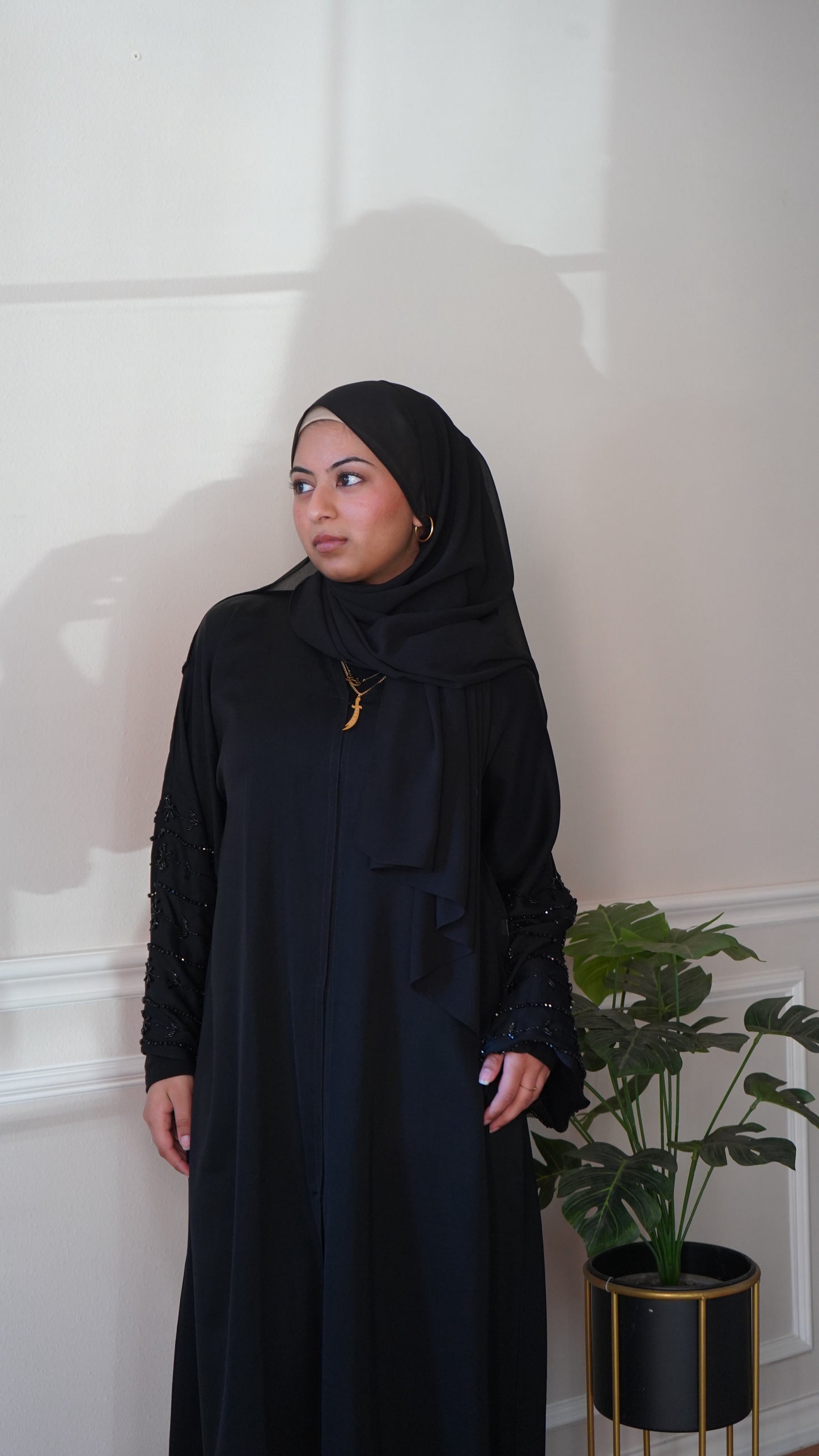 Beautiful Black Sleeve Work Abaya With Belt And Hijab