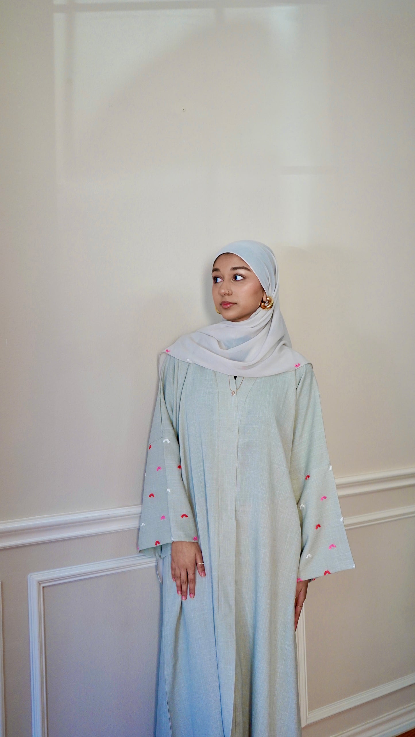 Heart Embroidery Open Front Robe, Elegant Long Sleeve With Pockets
