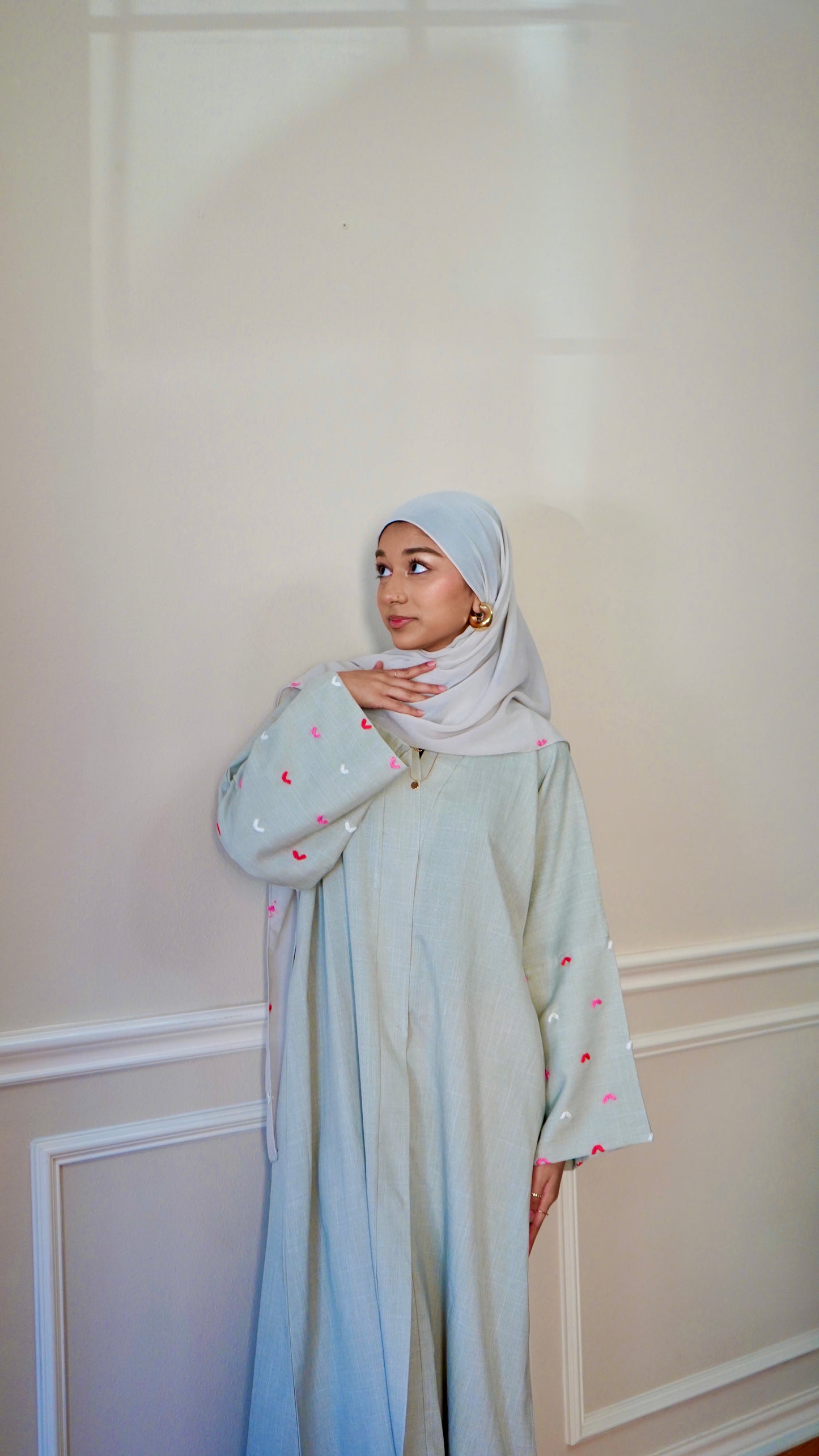 Heart Embroidery Open Front Robe, Elegant Long Sleeve With Pockets