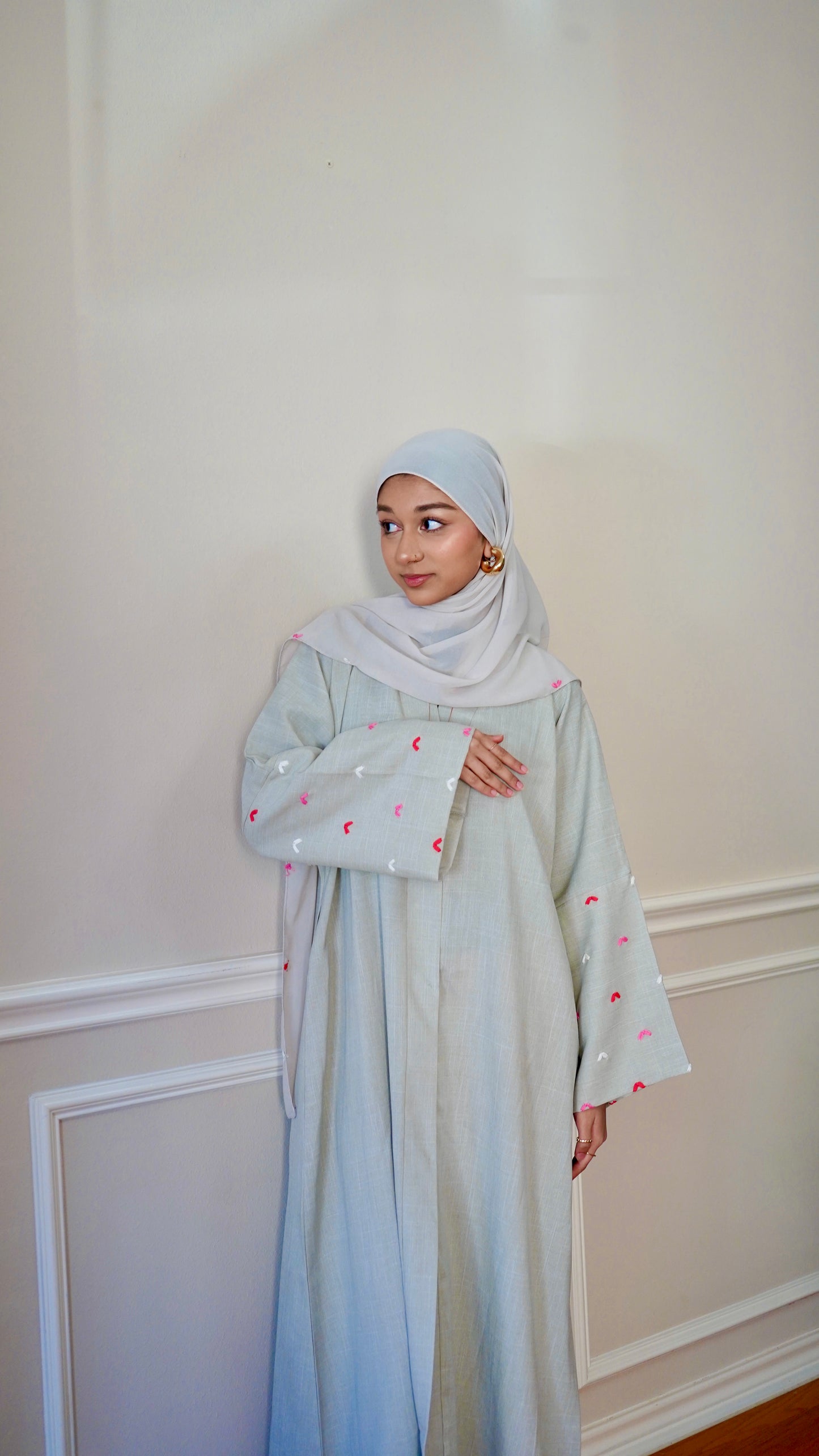Heart Embroidery Open Front Robe, Elegant Long Sleeve With Pockets