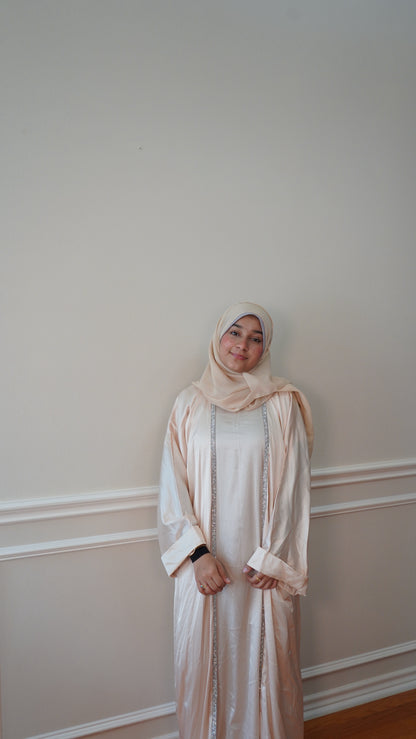 Luxury Satin Beige Abaya 4 Peice With Belt and Hijab