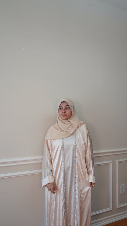 Luxury Satin Beige Abaya 4 Peice With Belt and Hijab