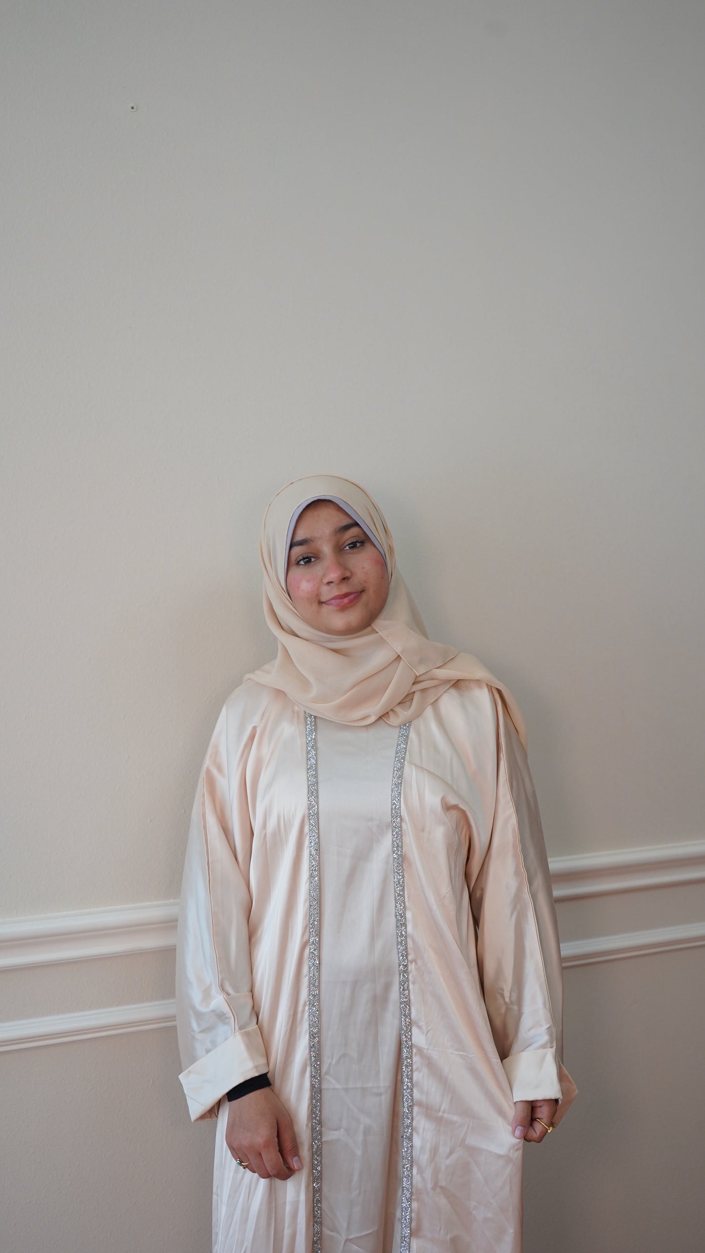 Luxury Satin Beige Abaya 4 Peice With Belt and Hijab