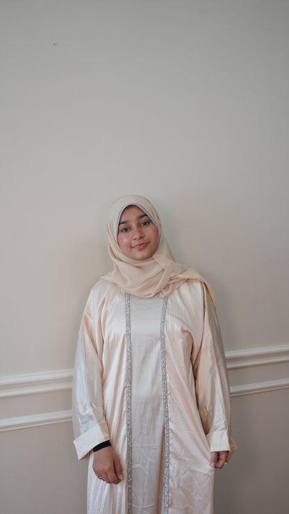 Luxury Satin Beige Abaya 4 Peice With Belt and Hijab