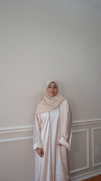 Luxury Satin Beige Abaya 4 Peice With Belt and Hijab