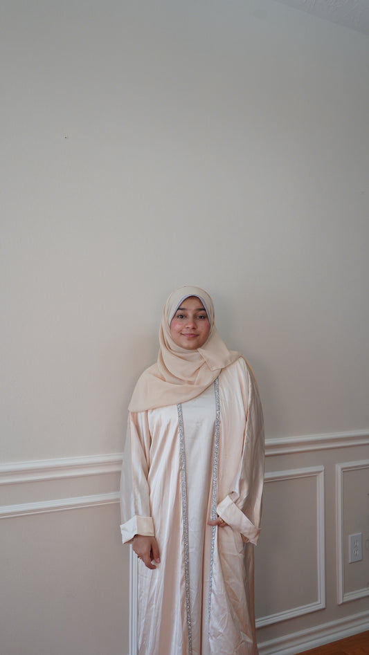 Luxury Satin Beige Abaya 4 Peice With Belt and Hijab