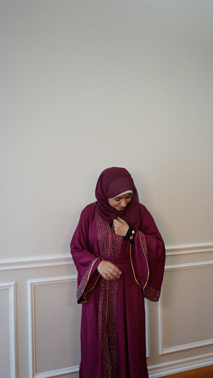 Plum Luxury 3-Piece Abaya Set – Satin Embellished, Modest Wear, Eid Abaya, Ramadan Gift, Wedding Outfit, Islamic Clothing