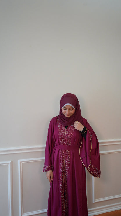 Plum Luxury 3-Piece Abaya Set – Satin Embellished, Modest Wear, Eid Abaya, Ramadan Gift, Wedding Outfit, Islamic Clothing