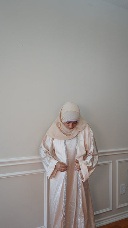 Luxury Satin Beige Abaya 4 Peice With Belt and Hijab