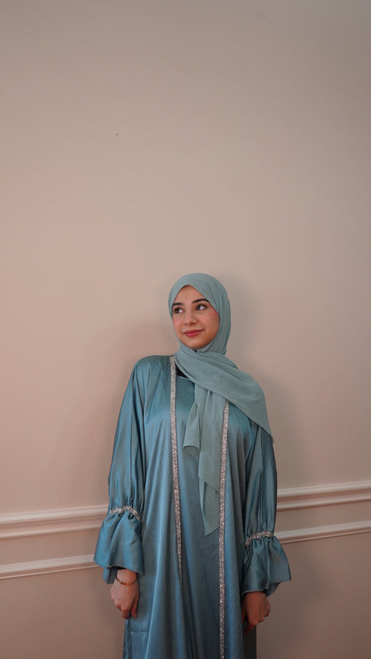 Blue Luxury 4 Piece Abaya Set, Silk, Satin, Embellished, Abaya, Eid Abaya, Ramadan Gift, Wedding Abaya, Islamic Clothing