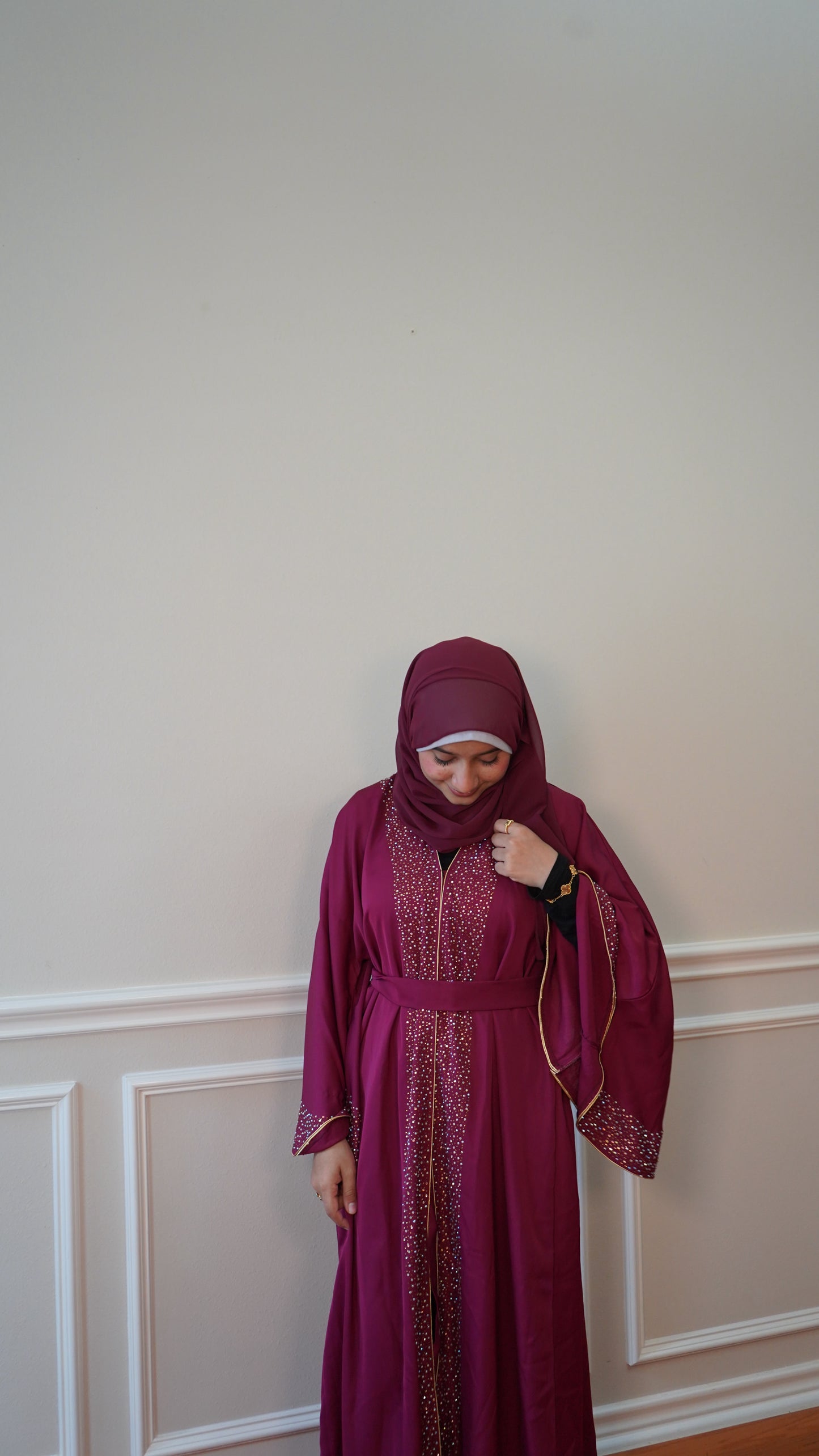 Plum Luxury 3-Piece Abaya Set – Satin Embellished, Modest Wear, Eid Abaya, Ramadan Gift, Wedding Outfit, Islamic Clothing