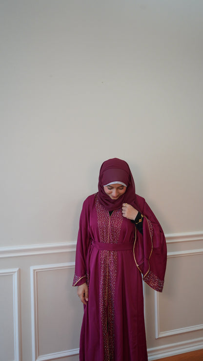 Plum Luxury 3-Piece Abaya Set – Satin Embellished, Modest Wear, Eid Abaya, Ramadan Gift, Wedding Outfit, Islamic Clothing