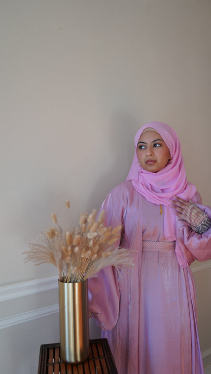 Pink Stone Work Fancy Abaya With Stoned Belt And Hijab
