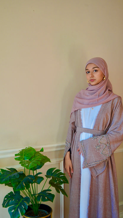 Beige Linen Slit Sleeve Work Abaya
