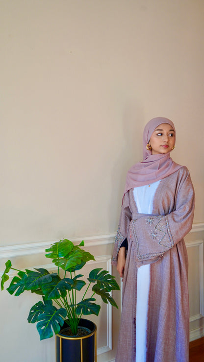 Beige Linen Slit Sleeve Work Abaya
