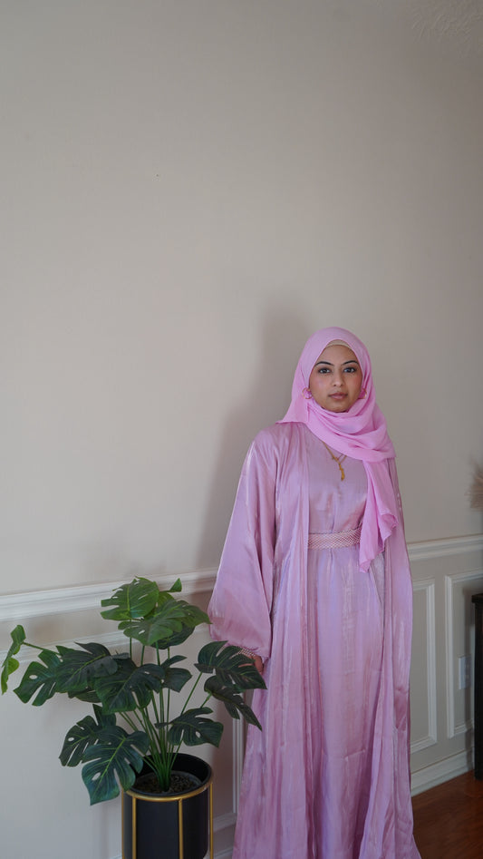 Pink Stone Work Fancy Abaya With Stoned Belt And Hijab