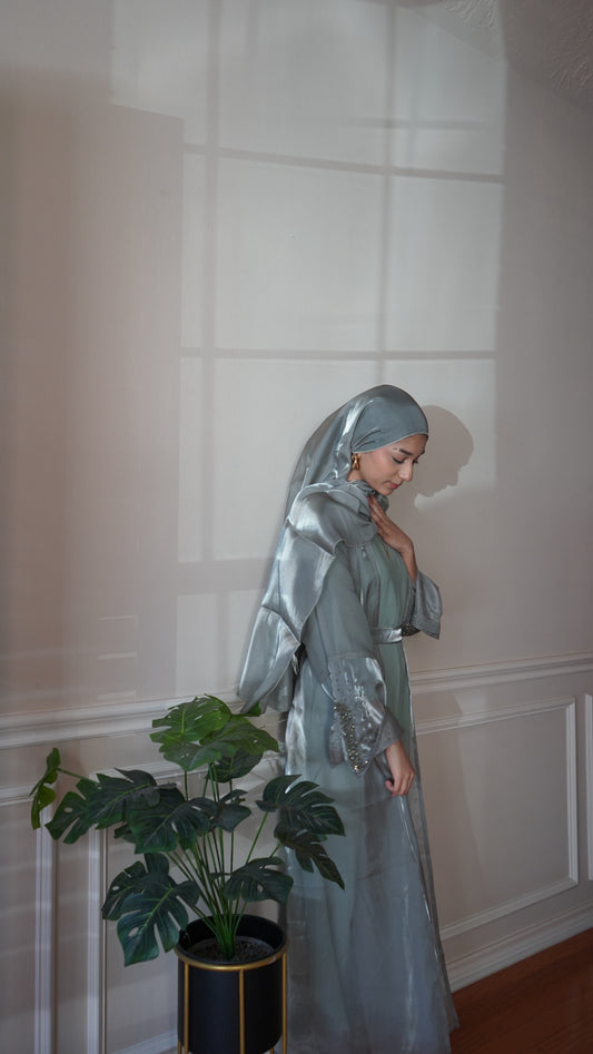 Linen Green Slit Sleeve Work Abaya 4-Piece Including Hijab And Belt