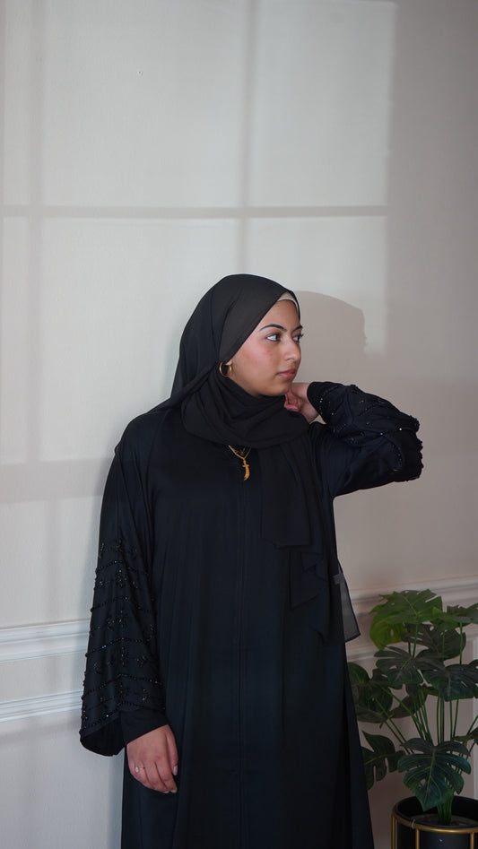 Beautiful Black Sleeve Work Abaya With Belt And Hijab