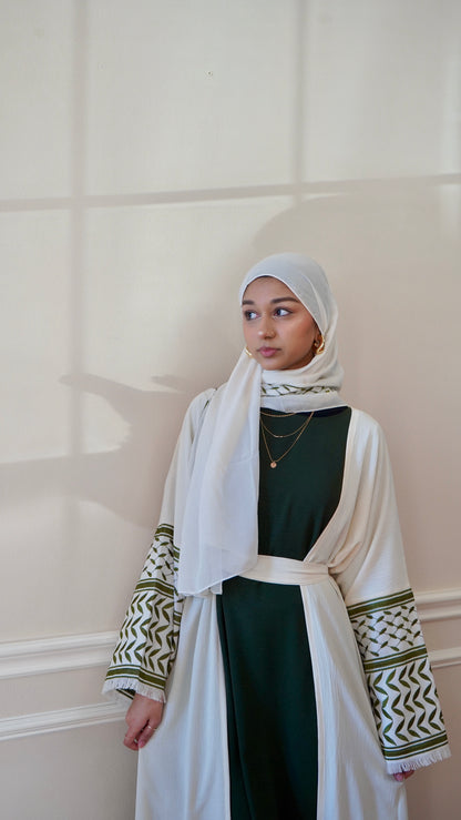 Keffiyeh Abaya Palestinian Embroidery open Abaya With Hijab And Belt 4-piece