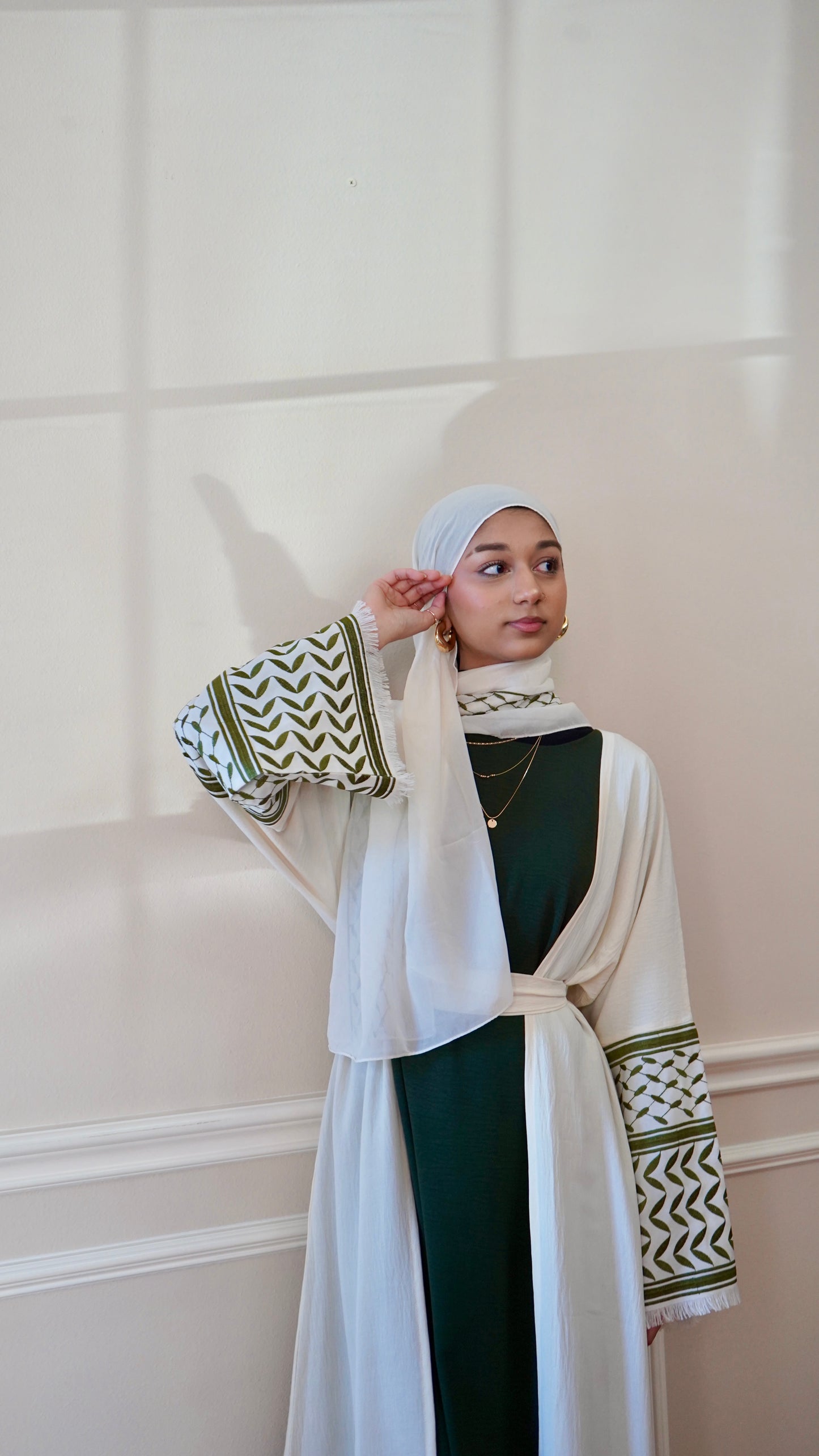 Keffiyeh Abaya Palestinian Embroidery open Abaya With Hijab And Belt 4-piece