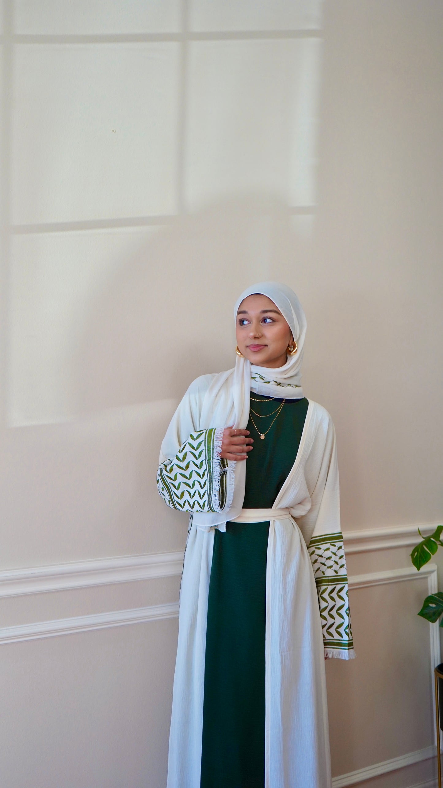 Keffiyeh Abaya Palestinian Embroidery open Abaya With Hijab And Belt 4-piece