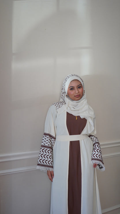 Keffiyeh Abaya Palestinian Embroidery open Abaya With Hijab And Belt 4-piece