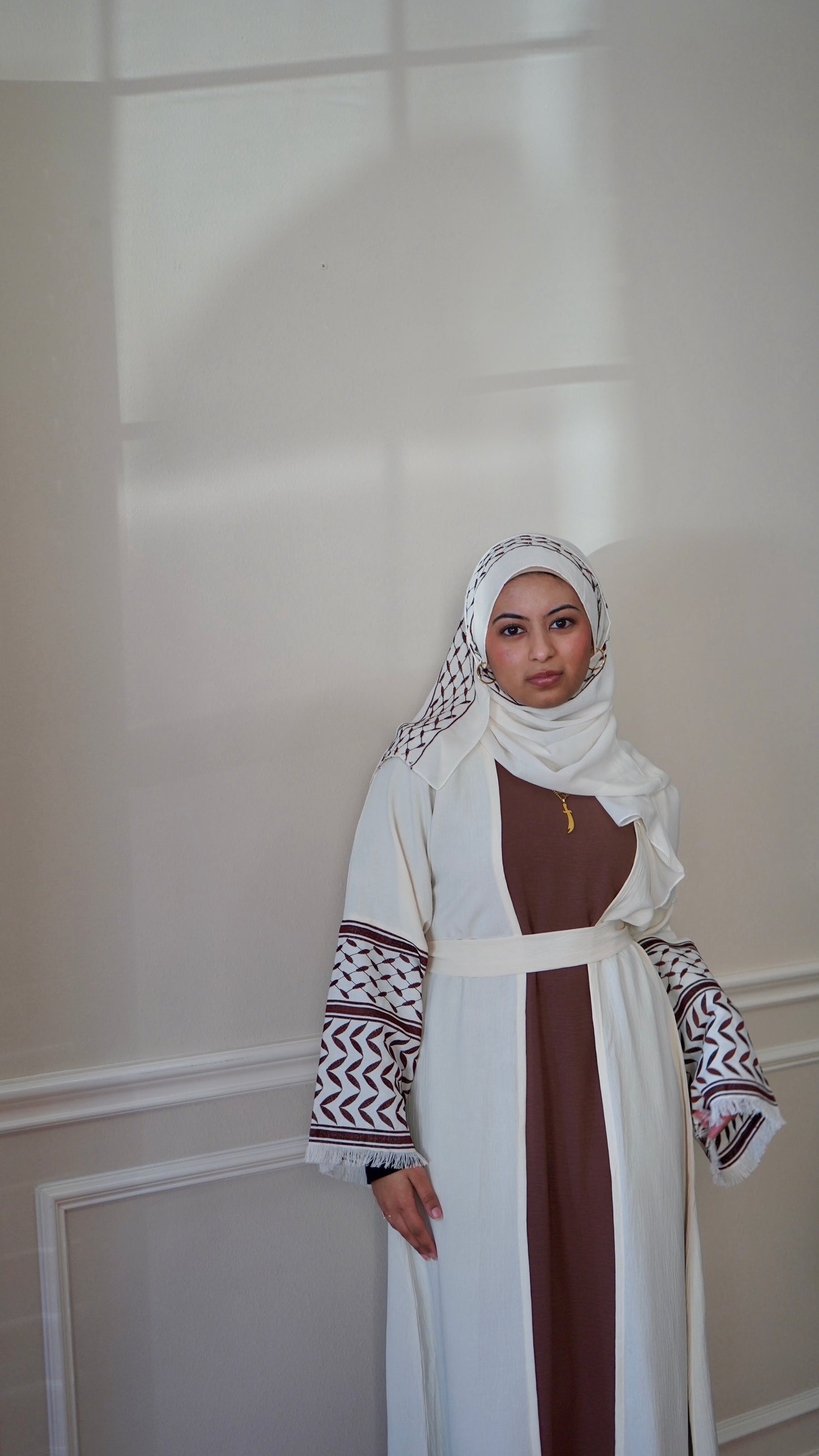 Keffiyeh Abaya Palestinian Embroidery open Abaya With Hijab And Belt 4-piece