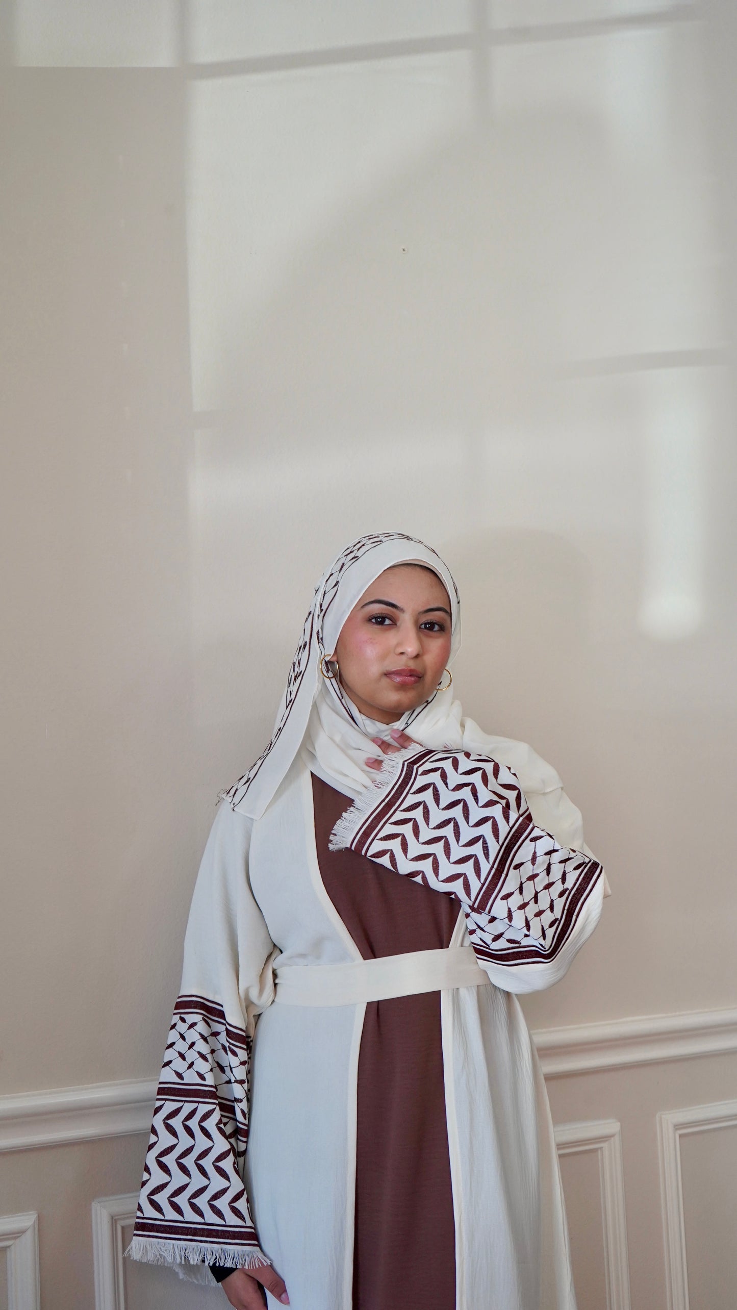 Keffiyeh Abaya Palestinian Embroidery open Abaya With Hijab And Belt 4-piece